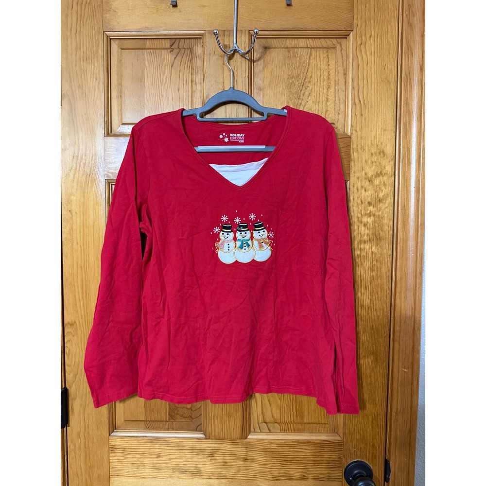 Holiday Editions Womens Red Long Sleeve Snowman Graphic T Shirt XL